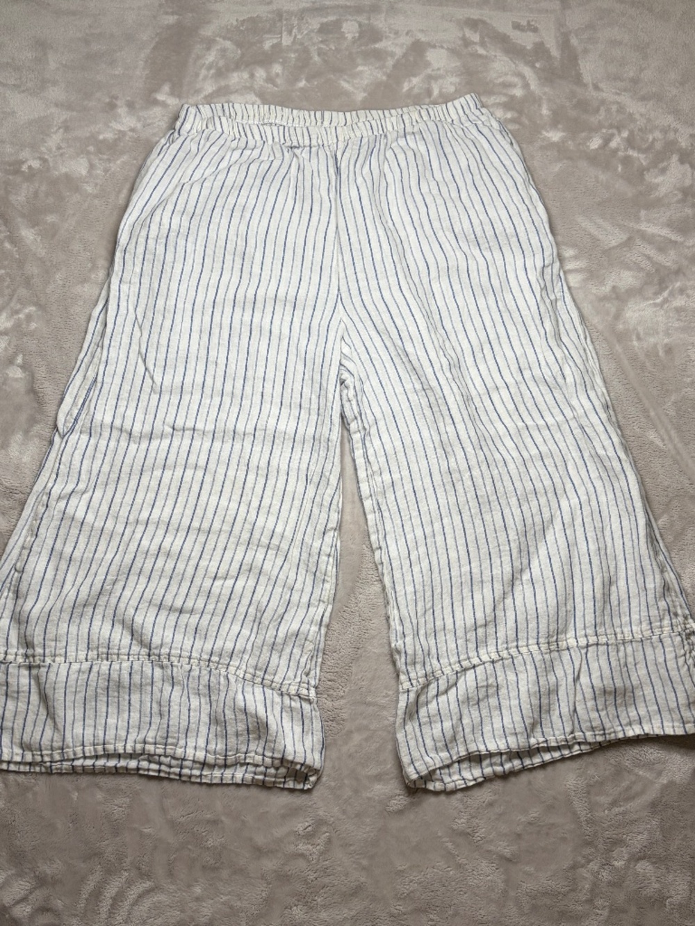 FLAX Linen Capri Pants Womens M Striped Wide Leg Elastic Waist Beach Coastal